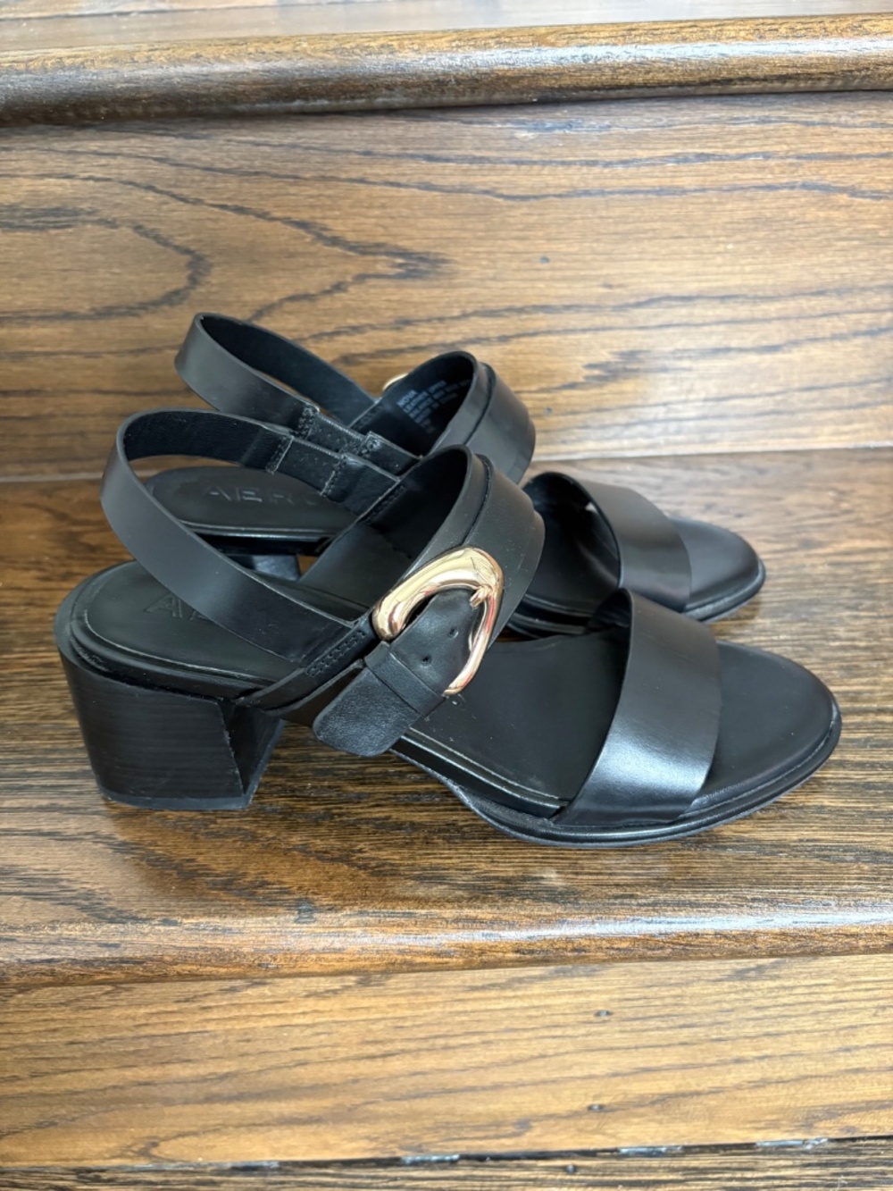 Aerosoles' Ellazia Buckle Strap Black Leather Sandal Heels - Picture 3 of 8